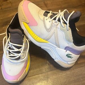 Lacoste White Sneakers with Purple and Yellow Highlights